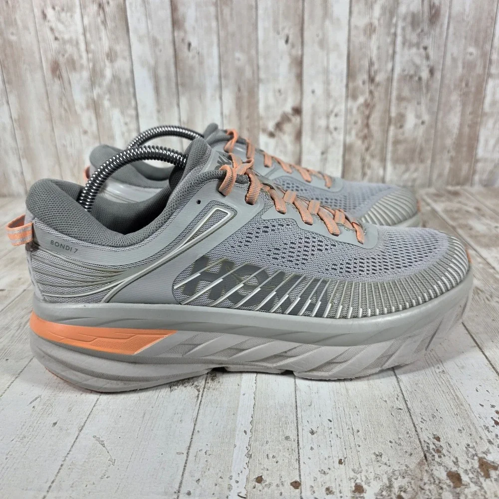 Hoka One One Bondi 7 Harbor Mist Sharkskin Grey Orange Running Shoes Womens 10
